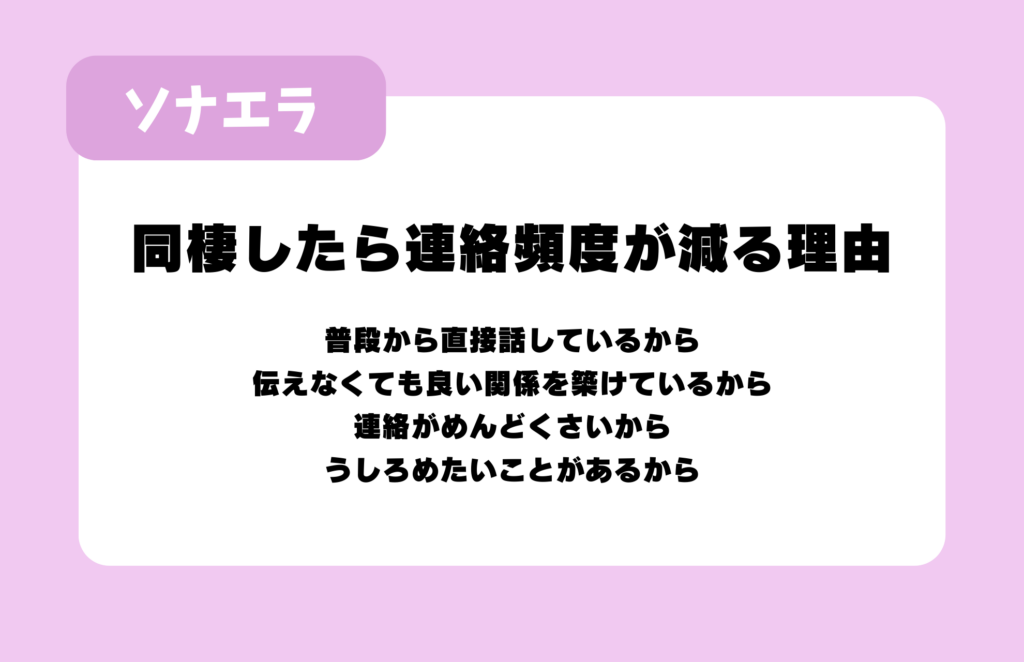 同棲したら連絡頻度が減る理由:普段から直接話しているから、伝えなくても良い関係を築けているから、連絡がめんどくさいから、うしろめたいことがあるから