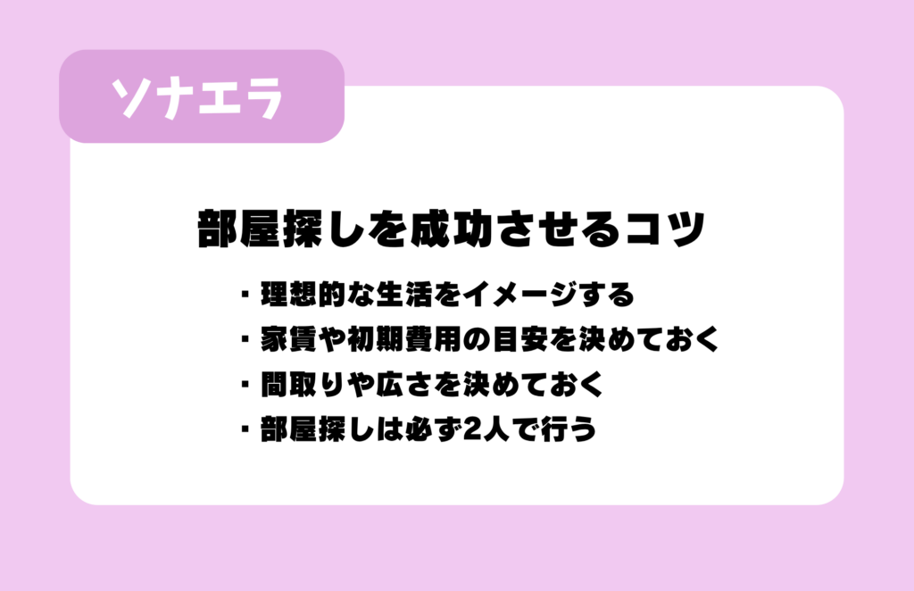 同棲の部屋探しを成功させるコツ:理想的な生活をイメージする、家賃や初期費用の目安を決めておく、間取りや広さを決めておく、部屋探しは必ず2人で行う