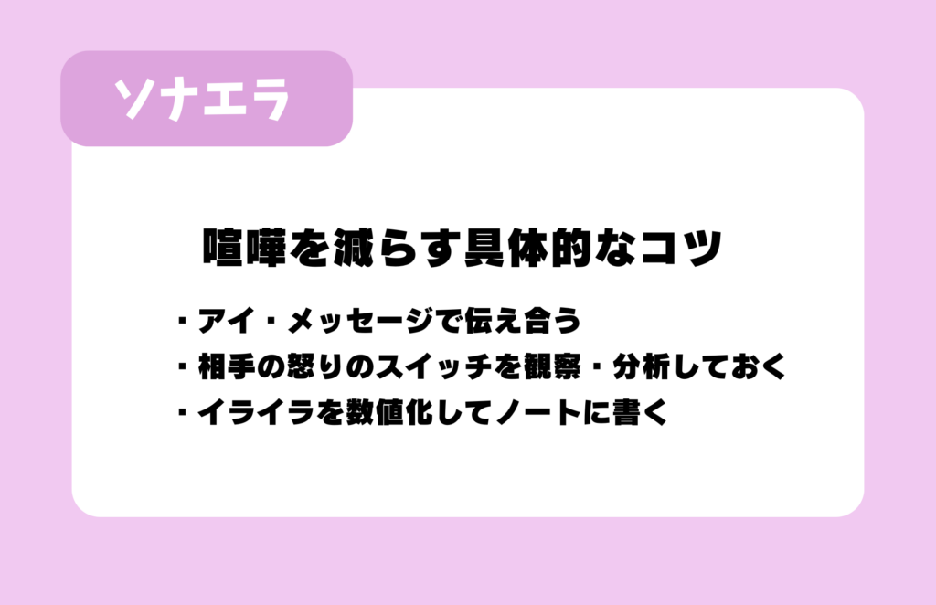 喧嘩を減らす具体的なコツ:アイ・メッセージで伝え合う/相手の怒りのスイッチを観察・分析しておく/イライラを数値化してノートに書く