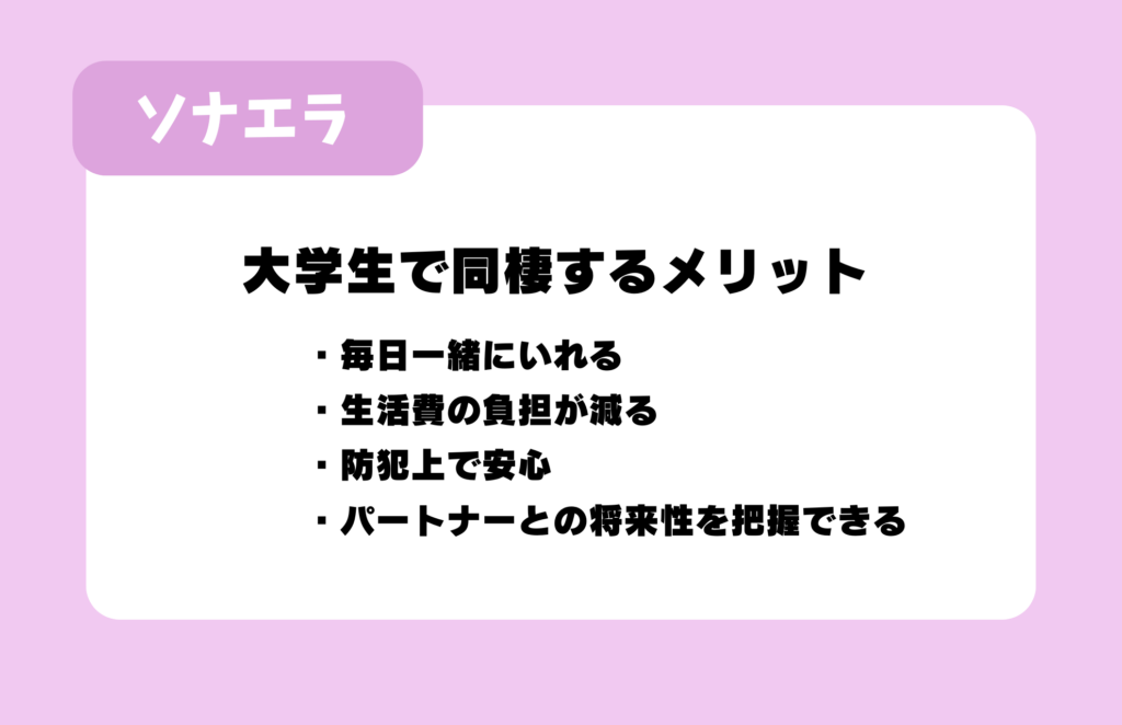 大学生で同棲するメリット:毎日一緒にいれる/生活費の負担が減る/防犯上で安心/パートナーとの将来性を把握できる